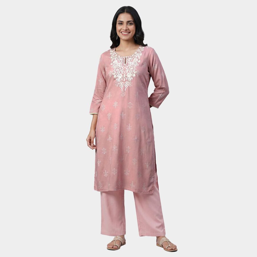 Women's Pink Notch Neck Printed Straight Kurta, Light Pink, large